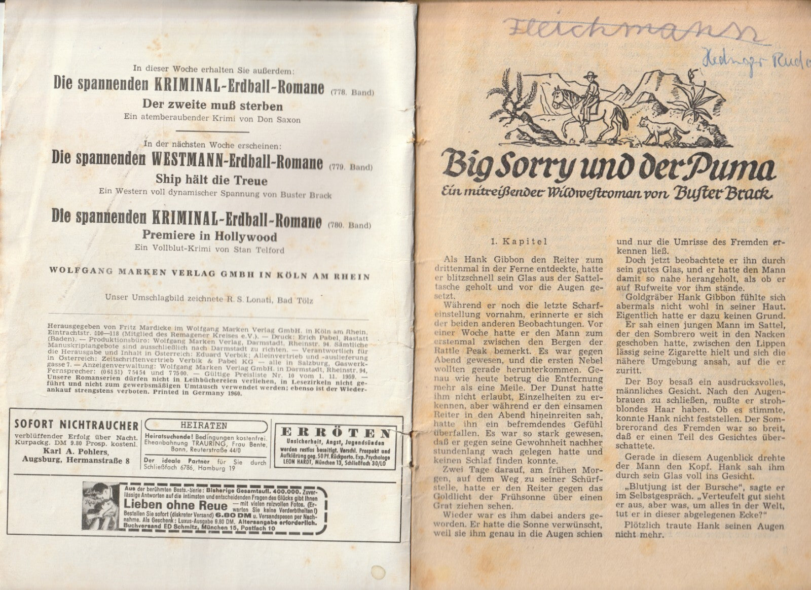 ✪ WESTMANN ERDBALL-ROMANE #777 Big Sorry und der Puma, Marken 1960 ROMANHEFT