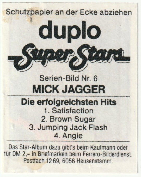 ✪ DUPLO SUPER STARS #6 Mick Jagger, Ferrero-Bilderdienst SAMMELSTICKER/AUFKLEBER