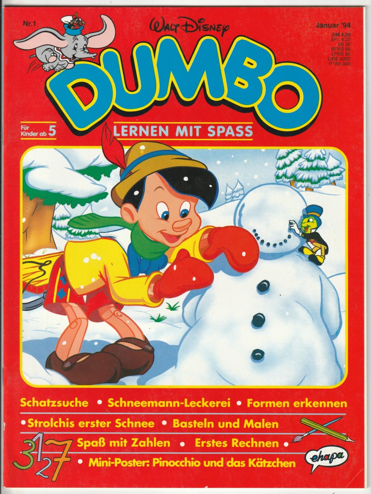 ✪ DUMBO Lernen mit Spass 1/1994 + Poster, Ehapa/Disney MAGAZIN TOP Z0-1 NEUW.